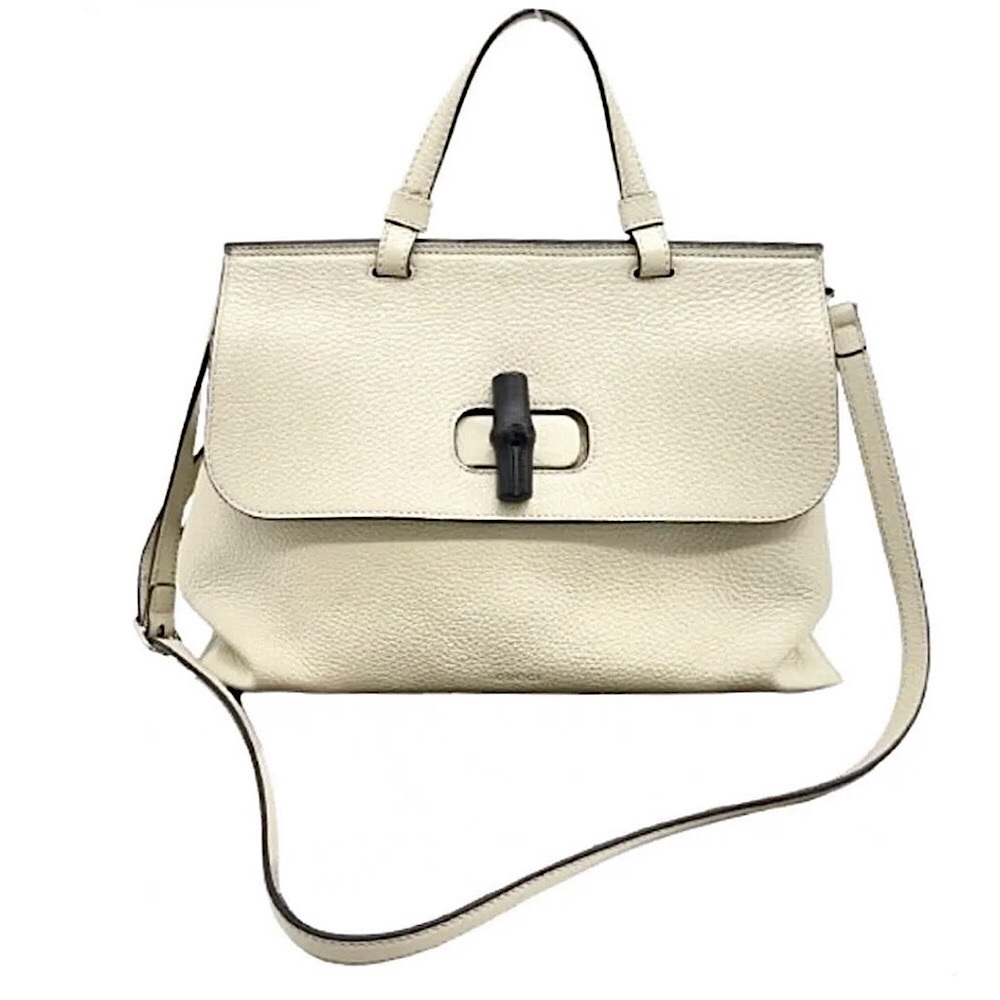 GUCCI Bamboo Turn-Lock Cream Leather Top Handle Front Flap Closure Shoulder Bag